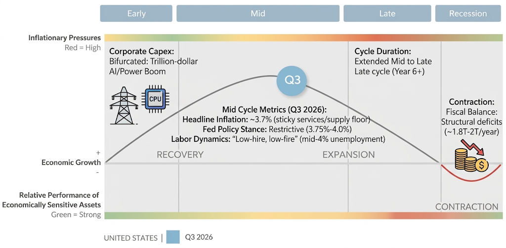 Business cycle chart mapping key U.S. macro metrics, Q3 2026