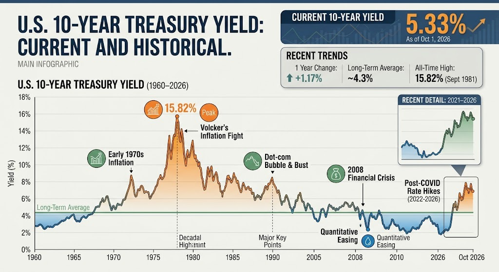 U.S. 10-year Treasury yield, current and historical, 1960 to 2026