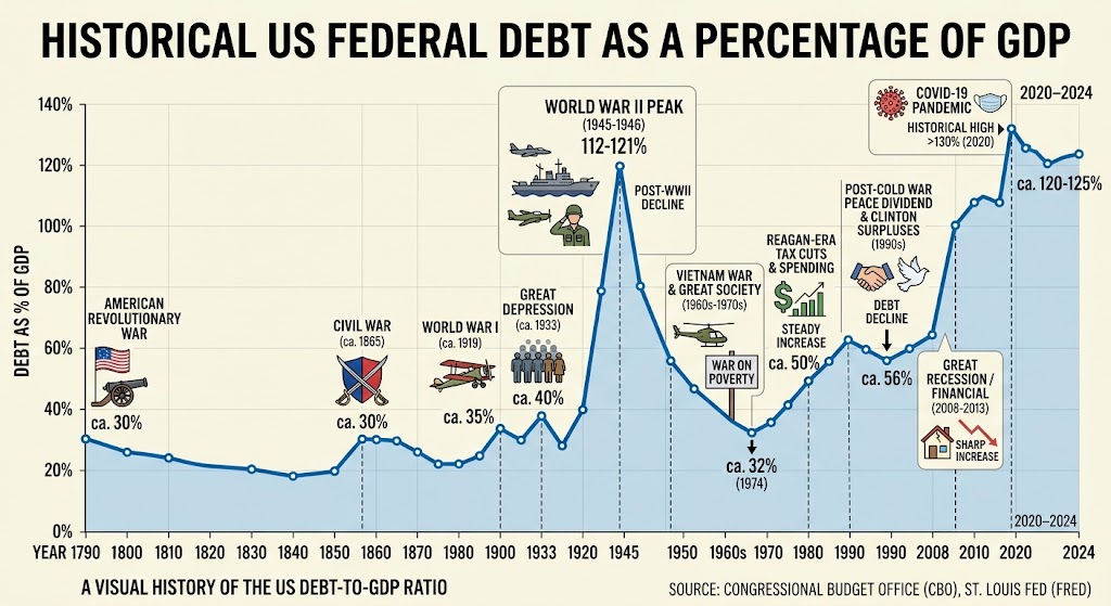 Historical U.S. federal debt as a percentage of GDP