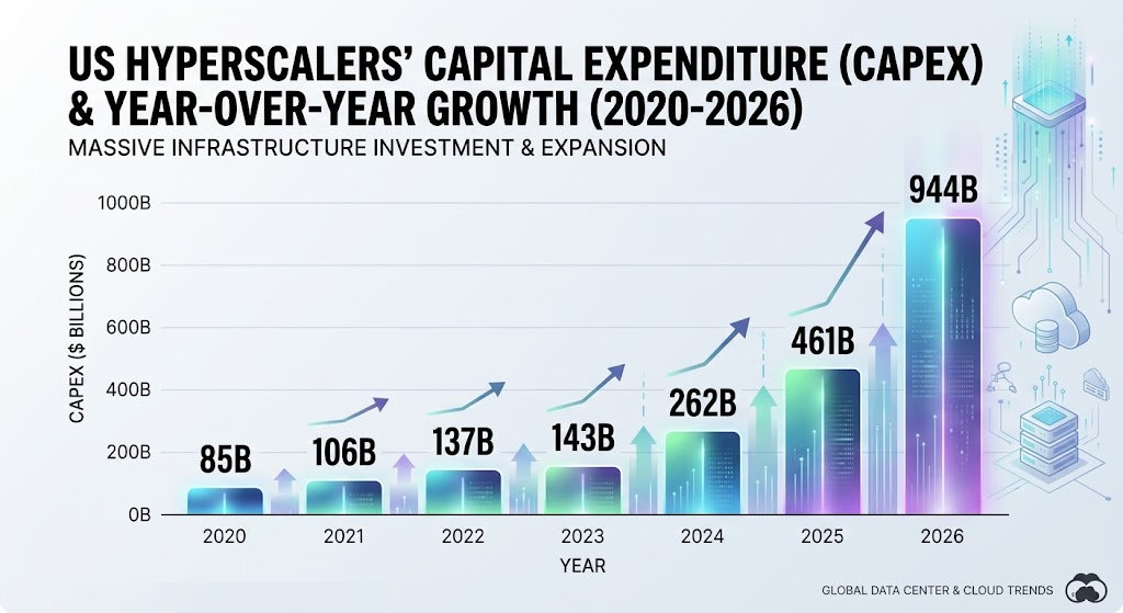 US hyperscalers capital expenditure and year-over-year growth, 2020 to 2026